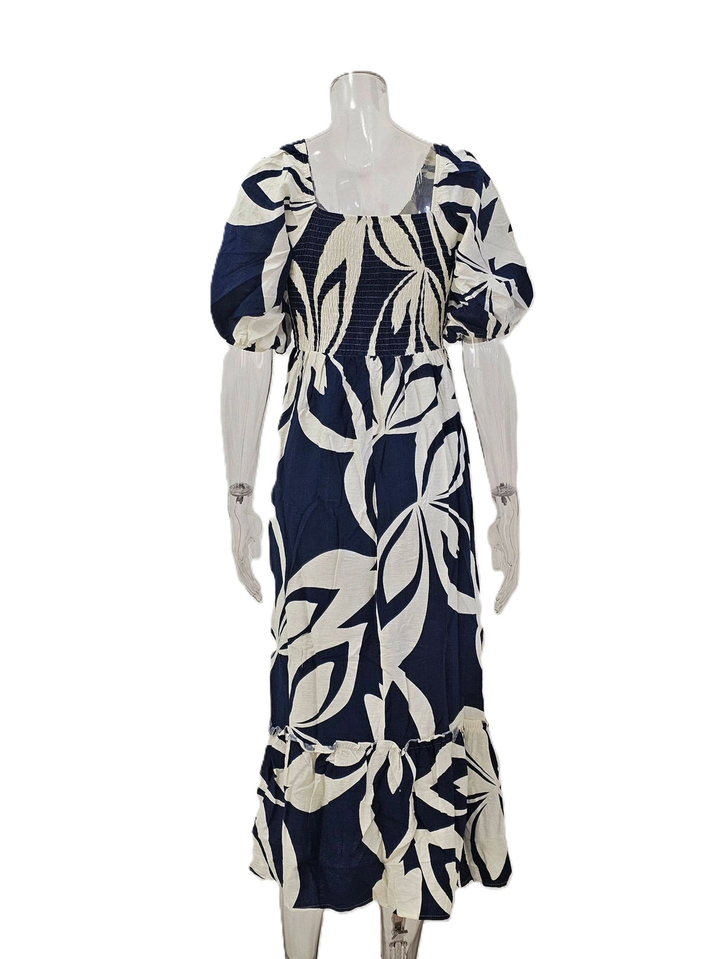 Leaf Print Puff Sleeve Tiered Maxi Dress - Navyblue - 2