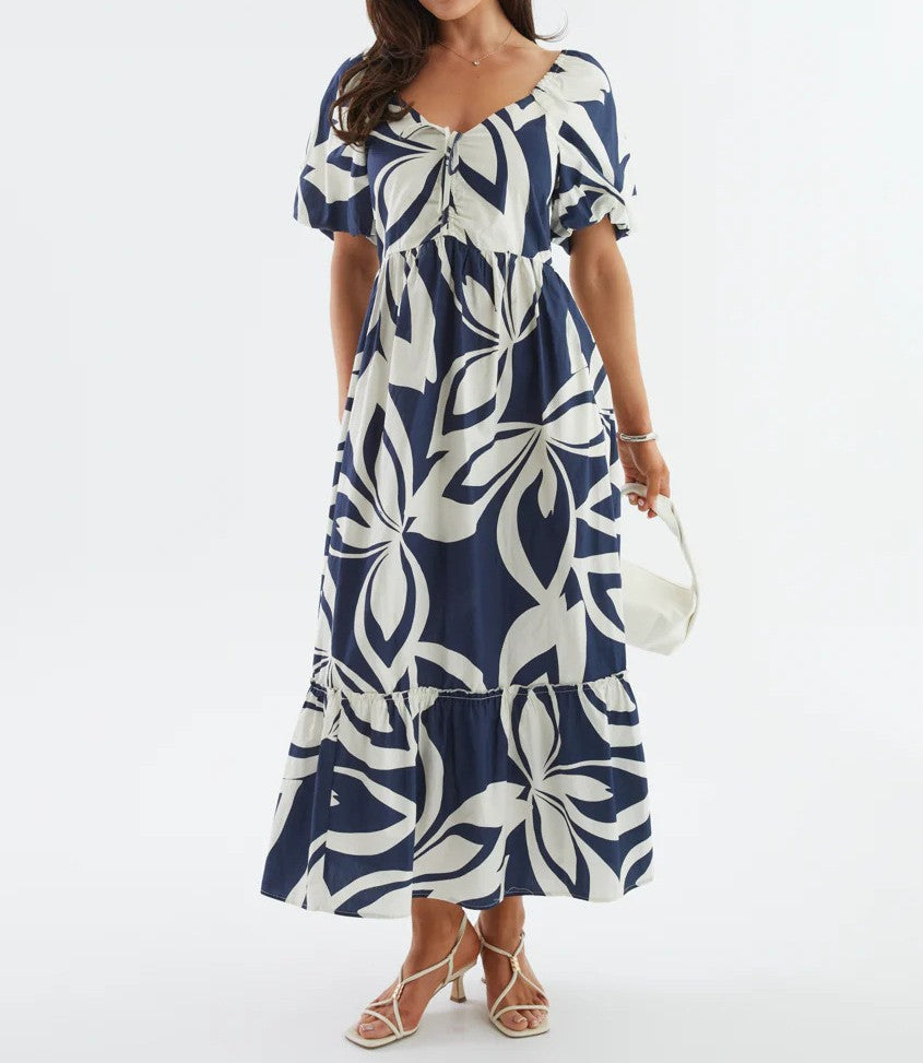 Leaf Print Puff Sleeve Tiered Maxi Dress - Navyblue - 3