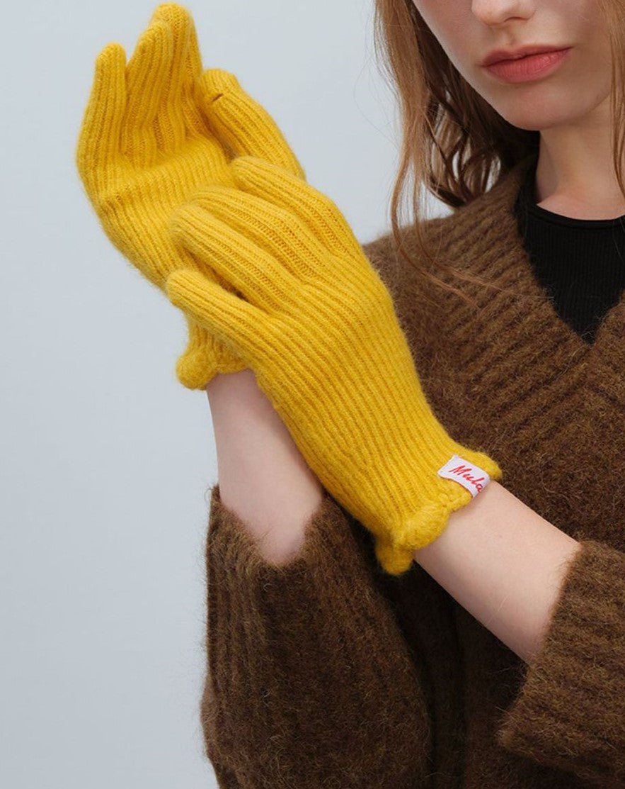 Ribbed Knit Gloves With Ruffle Cuff - Yellow - 1