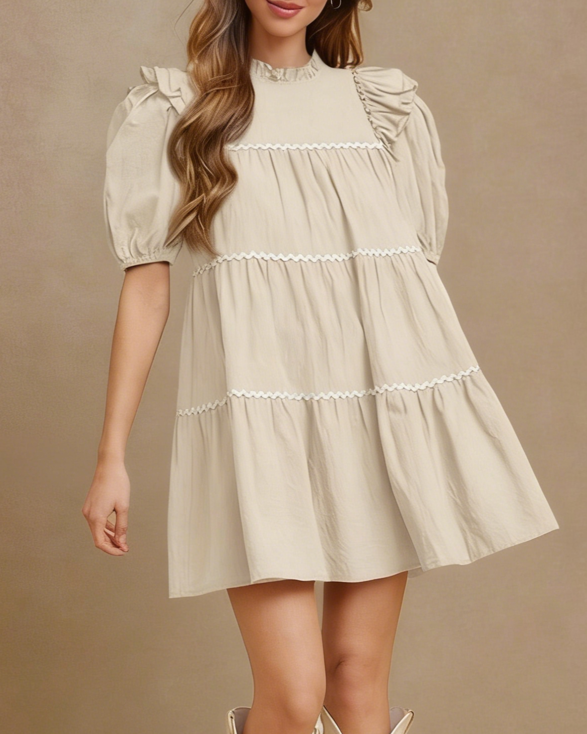 Tiered Babydoll Mini Dress With Ric Rac Trim - Apricot