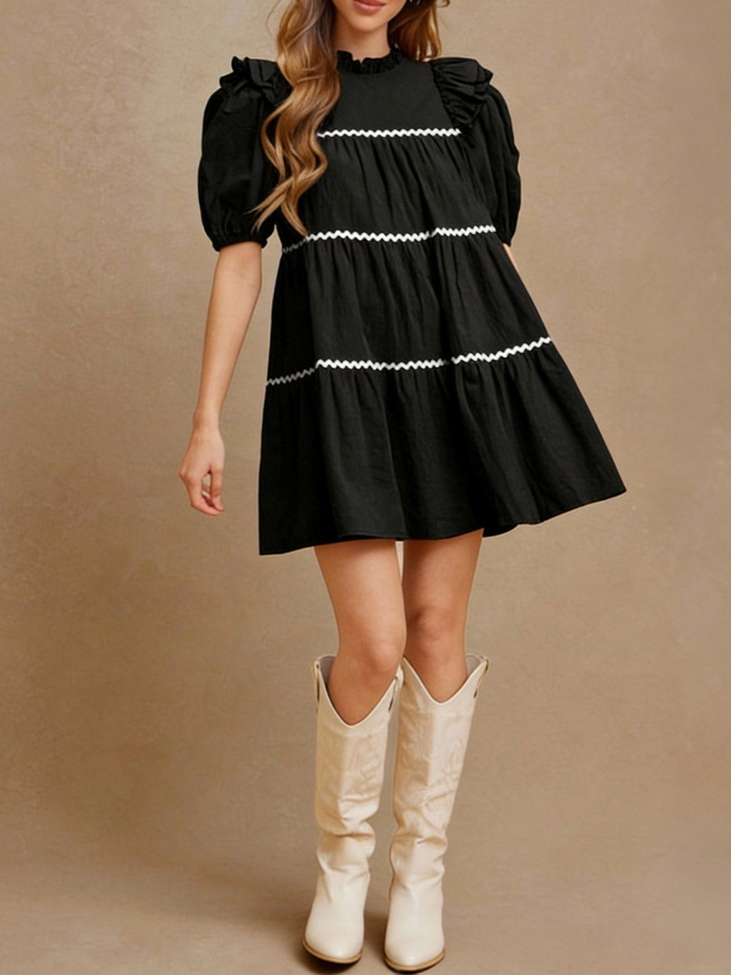 Tiered Babydoll Mini Dress With Ric Rac Trim - Black