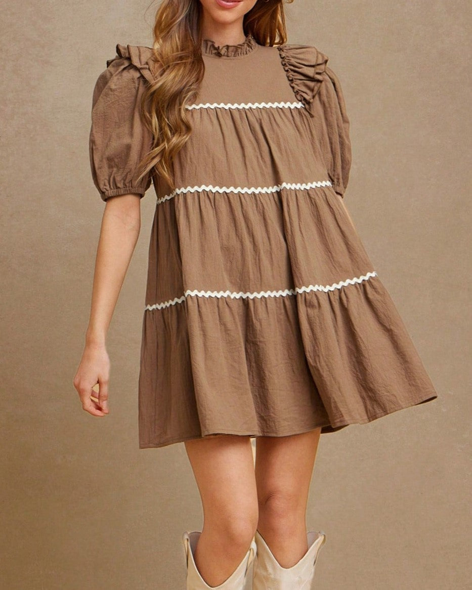 Tiered Babydoll Mini Dress With Ric Rac Trim - Brown