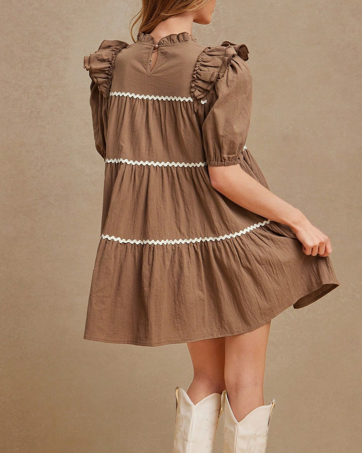 Tiered Babydoll Mini Dress With Ric Rac Trim - Brown - 1