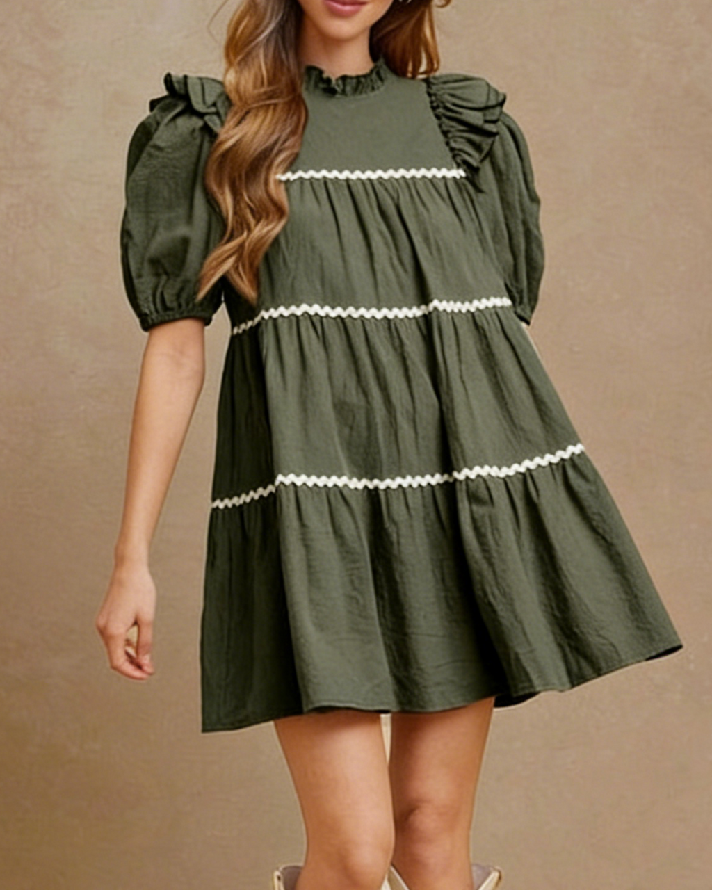 Tiered Babydoll Mini Dress With Ric Rac Trim - Olive