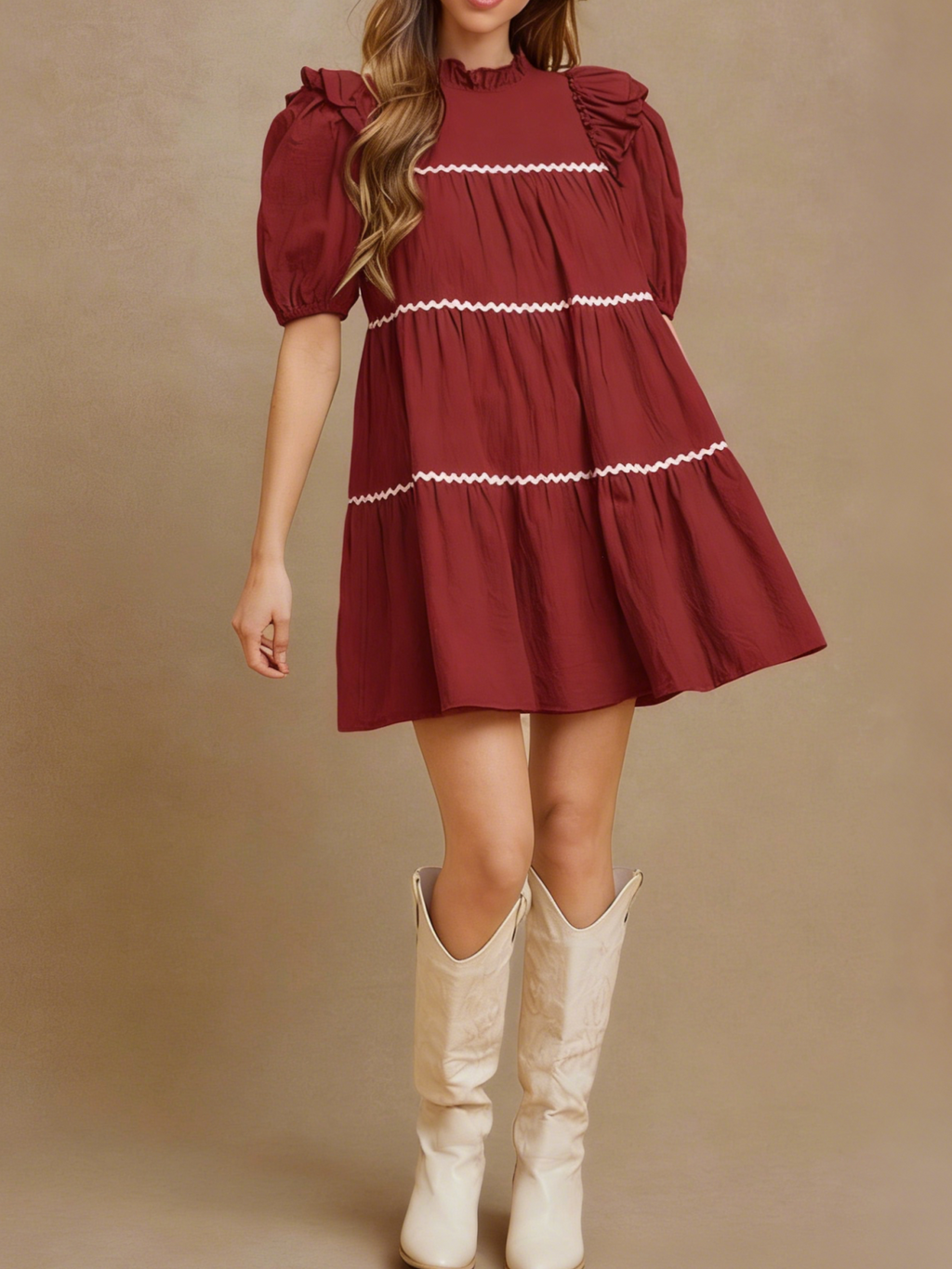 Tiered Babydoll Mini Dress With Ric Rac Trim - Red