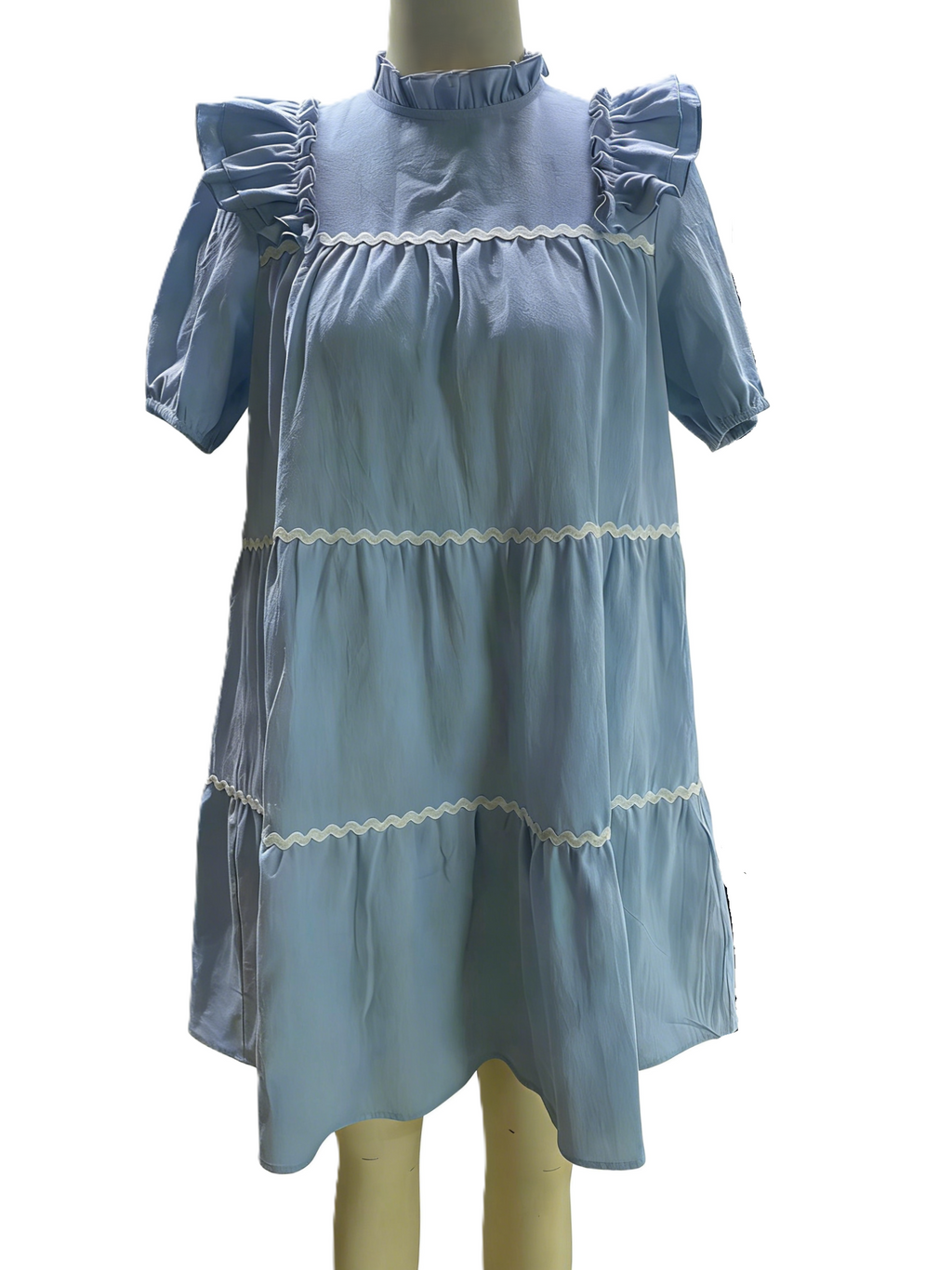 Tiered Babydoll Mini Dress With Ric Rac Trim - SkyBlue