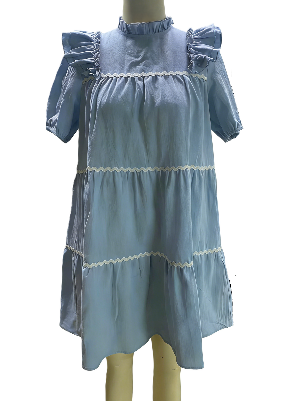 Tiered Babydoll Mini Dress With Ric Rac Trim - SkyBlue