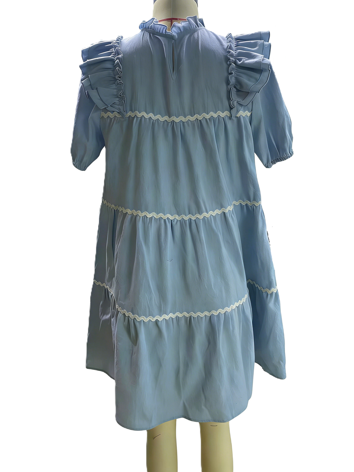 Tiered Babydoll Mini Dress With Ric Rac Trim - SkyBlue - 1