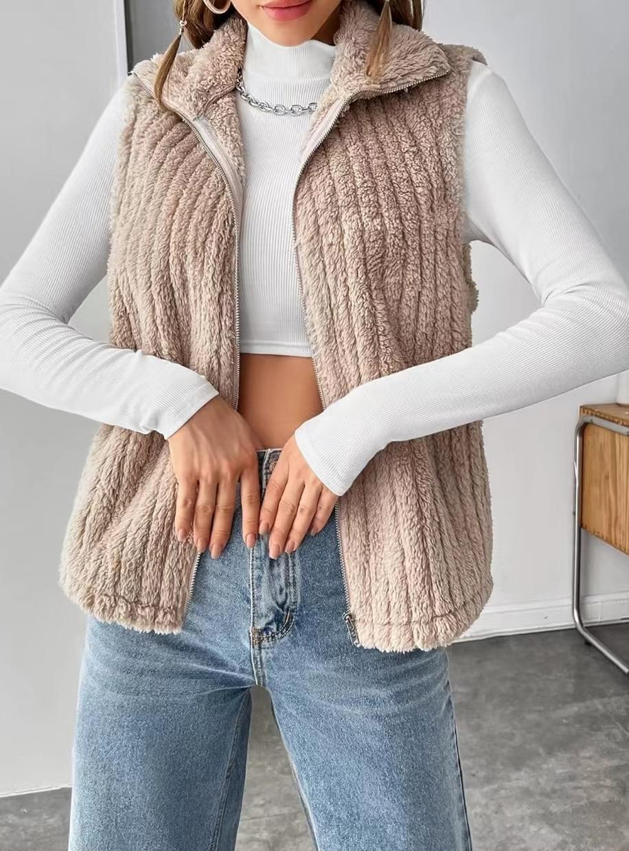 Khaki Ribbed Fleece Zip Up Collared Vest - Khaki