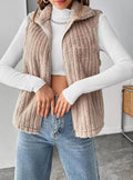 Khaki Ribbed Fleece Zip Up Collared Vest - Khaki