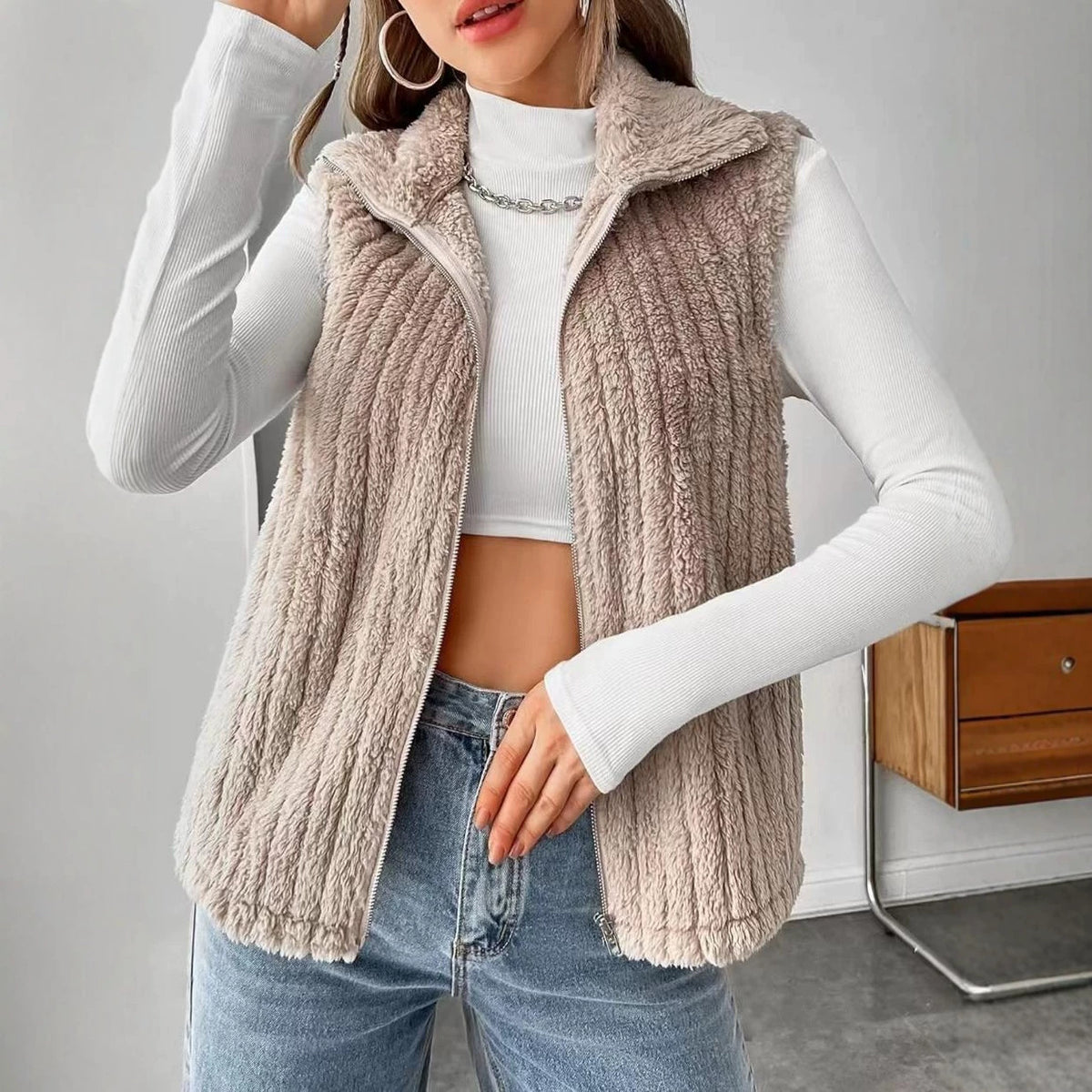 Khaki Ribbed Fleece Zip Up Collared Vest - Khaki - 1