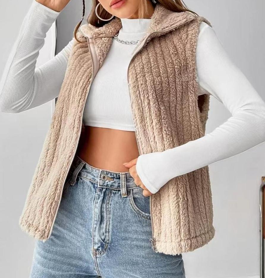 Khaki Ribbed Fleece Zip Up Collared Vest - Khaki - 2
