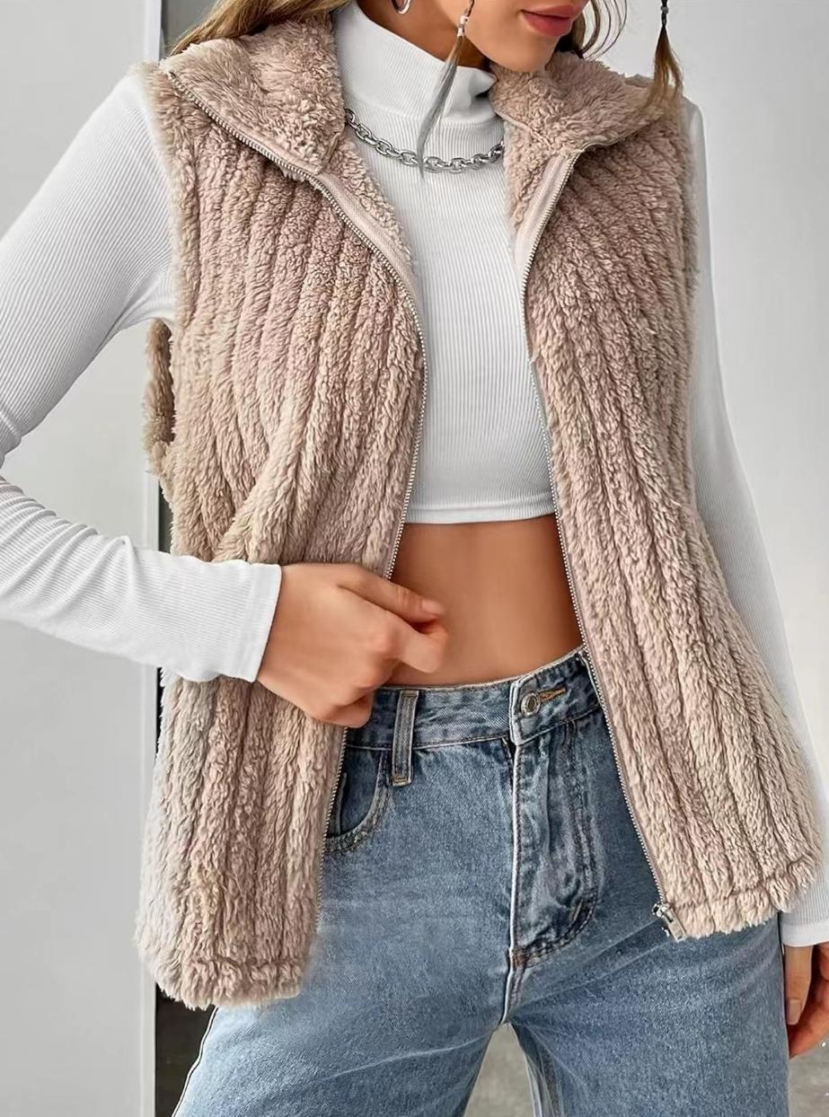 Khaki Ribbed Fleece Zip Up Collared Vest - Khaki - 3