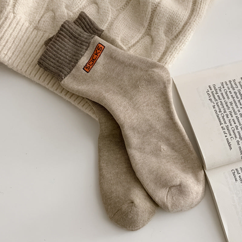 Contrast Cuff Thick Terry Mid Socks - Beige