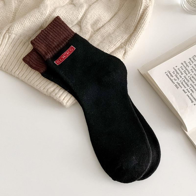 Contrast Cuff Thick Terry Mid Socks - Black