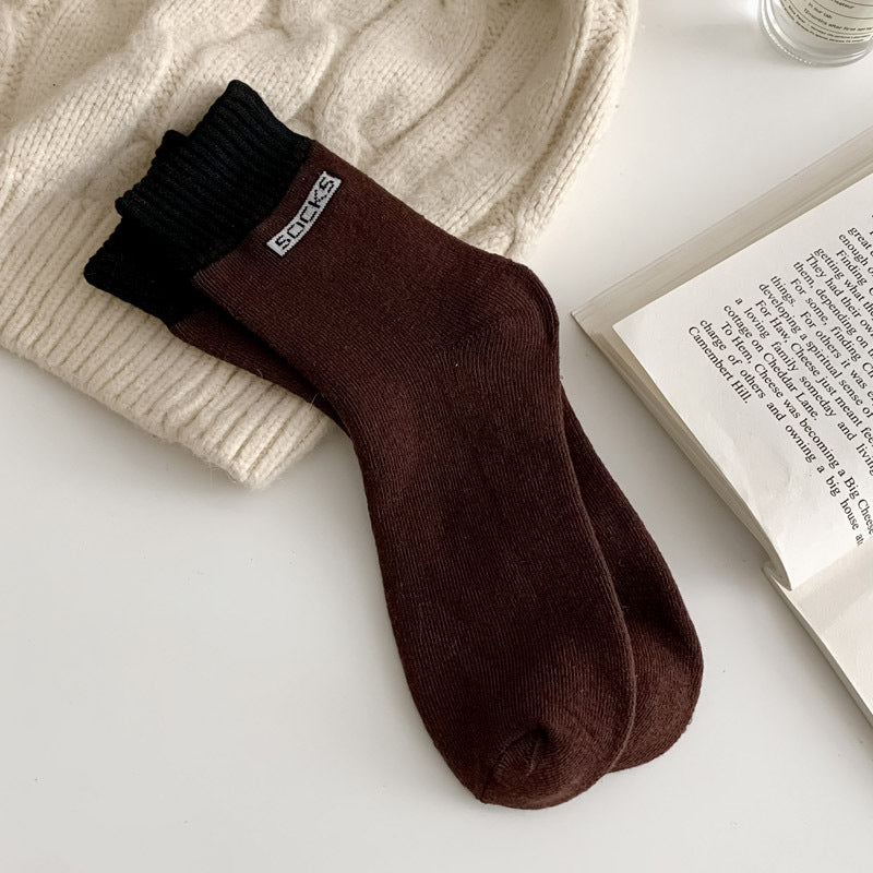 Contrast Cuff Thick Terry Mid Socks - Coffee