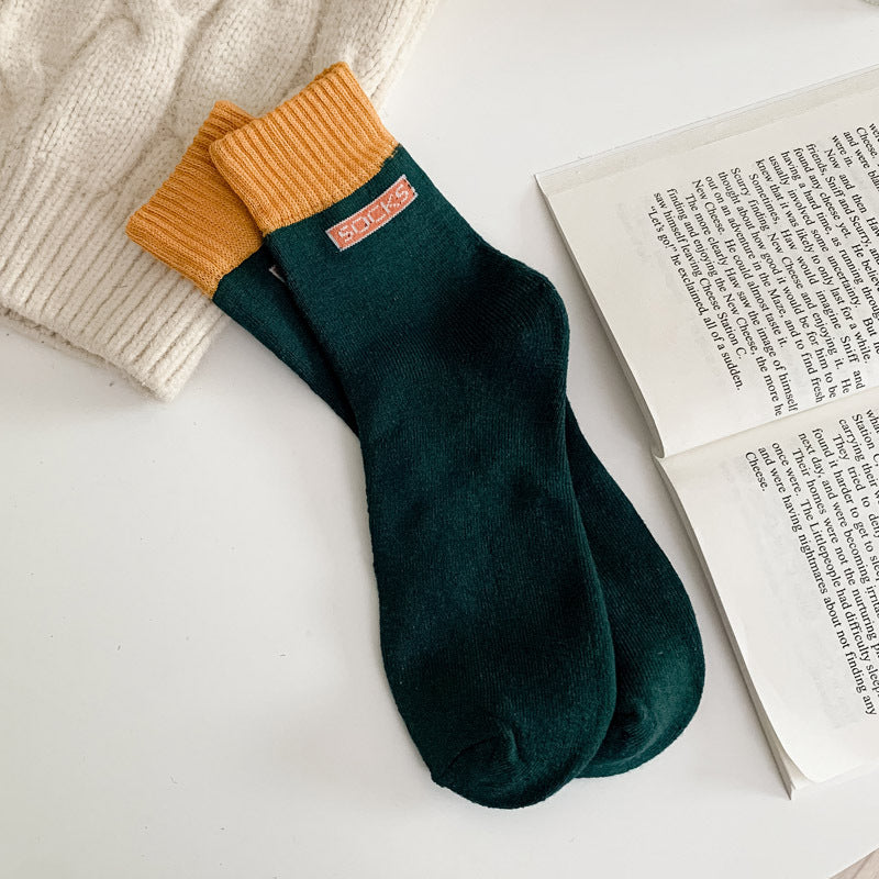 Contrast Cuff Thick Terry Mid Socks - DarkGreen