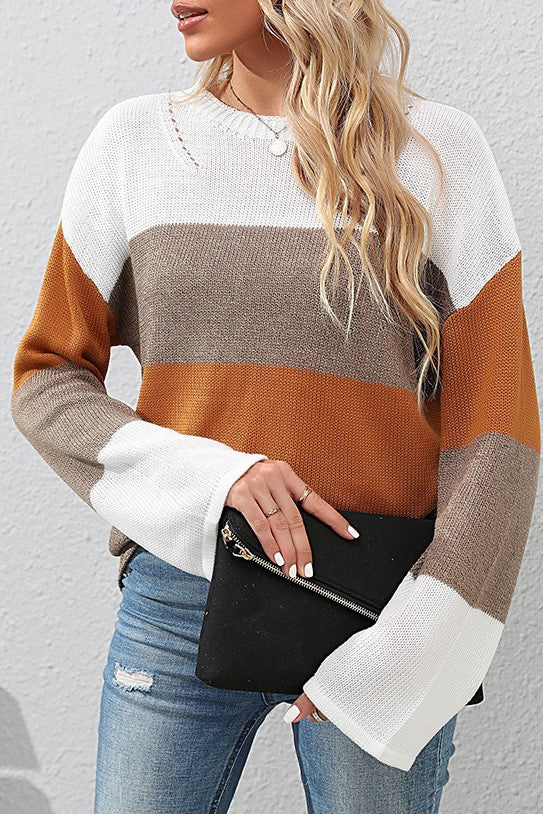 Colour Block Bell Sleeve Knit Sweater - Brown
