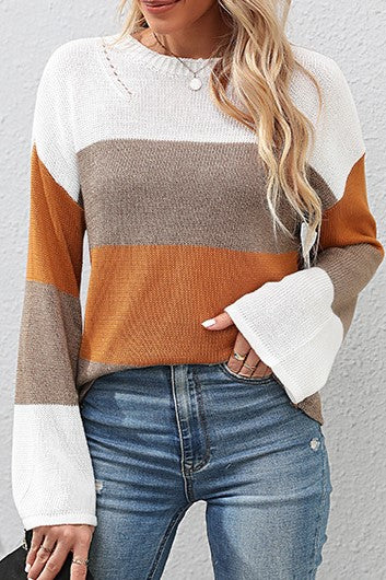 Colour Block Bell Sleeve Knit Sweater - Brown - 1