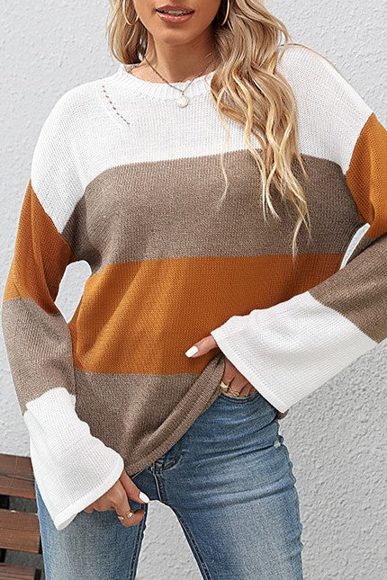Colour Block Bell Sleeve Knit Sweater - Brown - 2