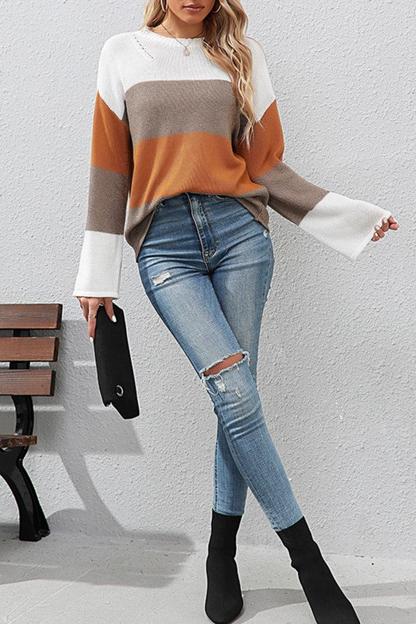 Colour Block Bell Sleeve Knit Sweater - Brown - 3