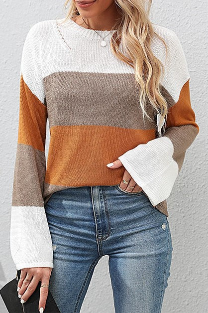 Colour Block Bell Sleeve Knit Sweater - Brown - 4