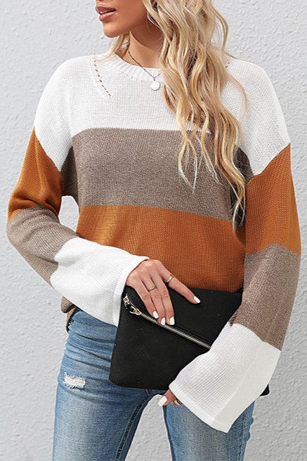 Colour Block Bell Sleeve Knit Sweater - Brown - 5