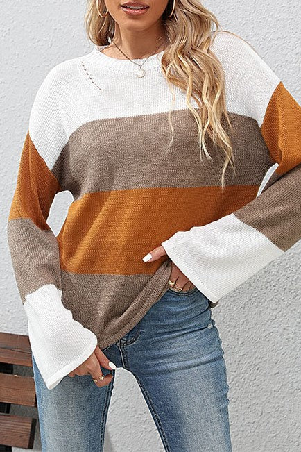 Colour Block Bell Sleeve Knit Sweater - Brown - 6