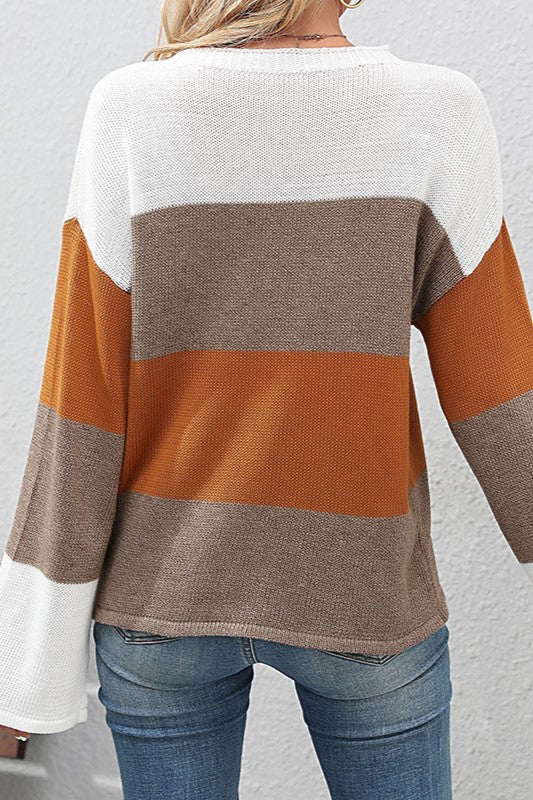 Colour Block Bell Sleeve Knit Sweater - Brown - 7