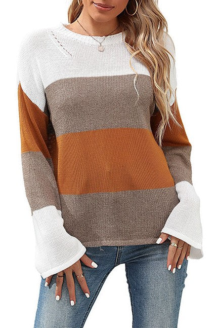 Colour Block Bell Sleeve Knit Sweater - Brown - 8