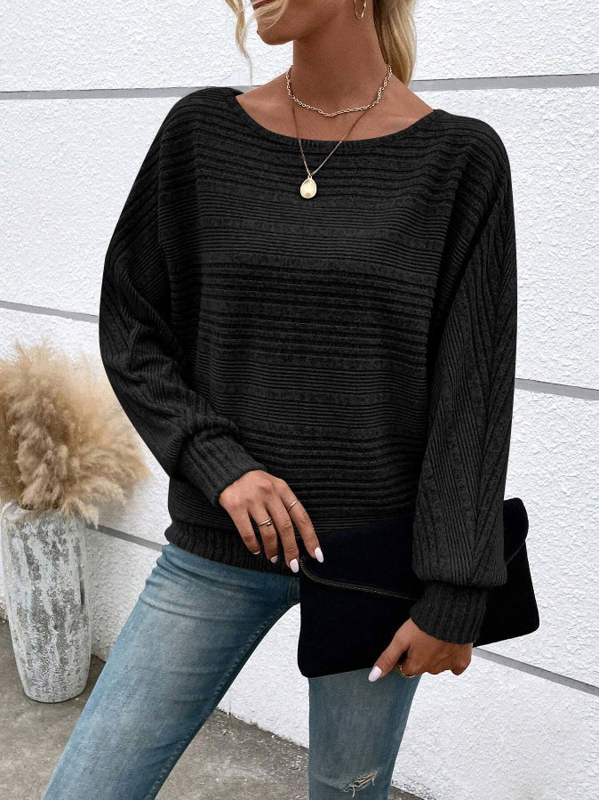 Ribbed Dolman Sleeve Boat Neck Sweater - Black