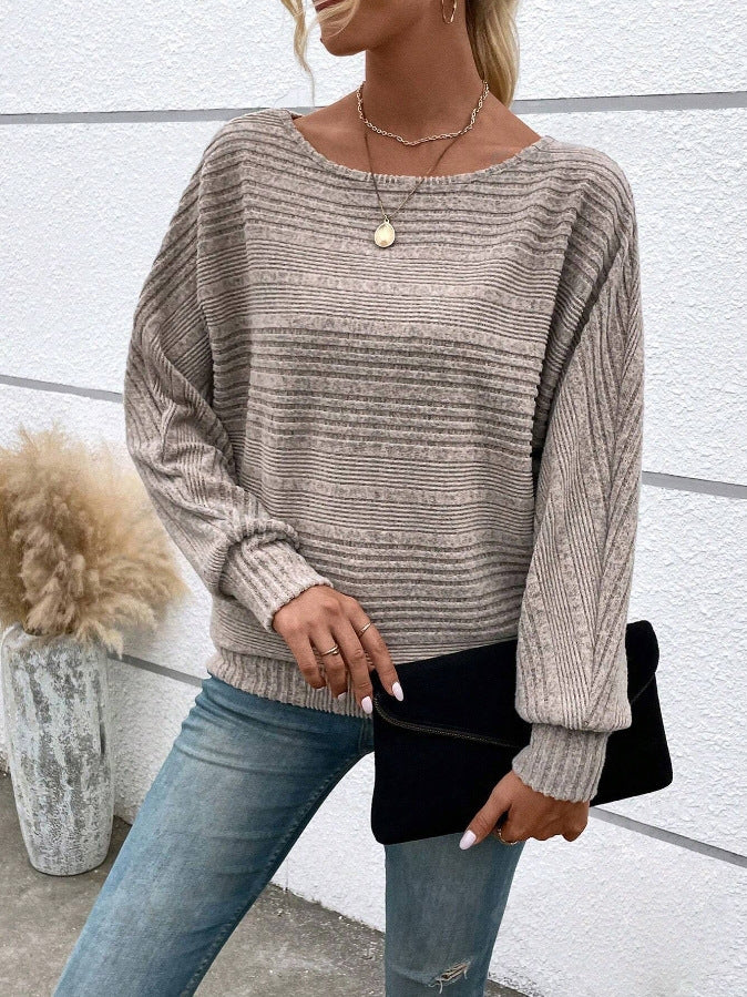 Ribbed Dolman Sleeve Boat Neck Sweater - Gray