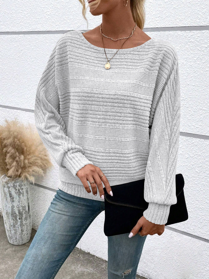 Ribbed Dolman Sleeve Boat Neck Sweater - LightGray