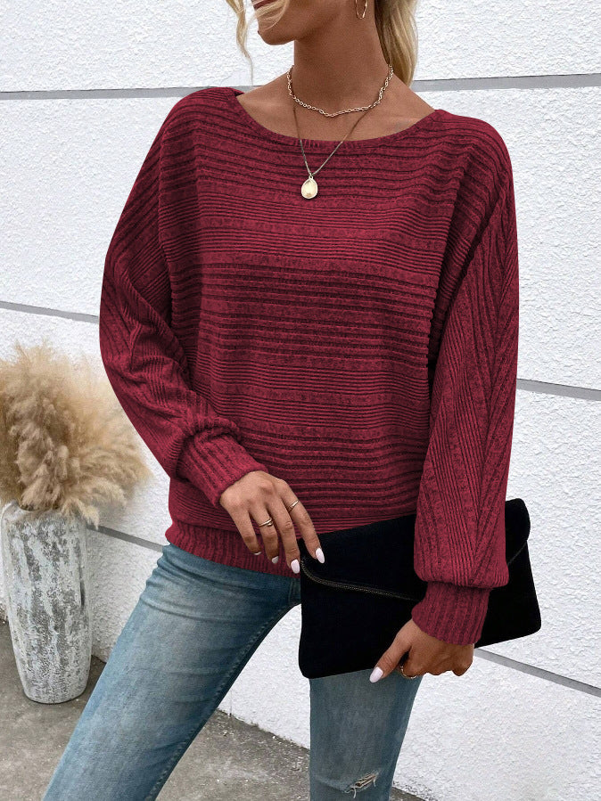 Ribbed Dolman Sleeve Boat Neck Sweater - Red