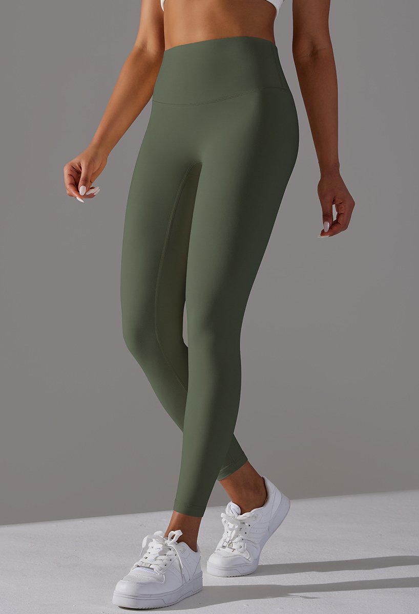 High Waist Brushed Seamless Yoga Leggings - Army Green - 2