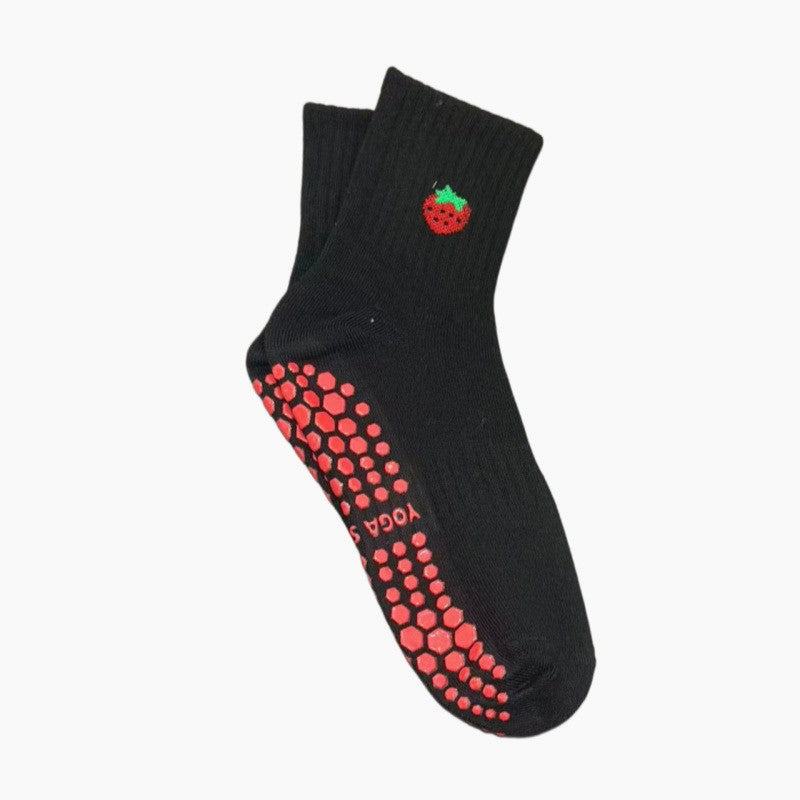 Fruit Patch Embroidery Crew Grip Socks - Black