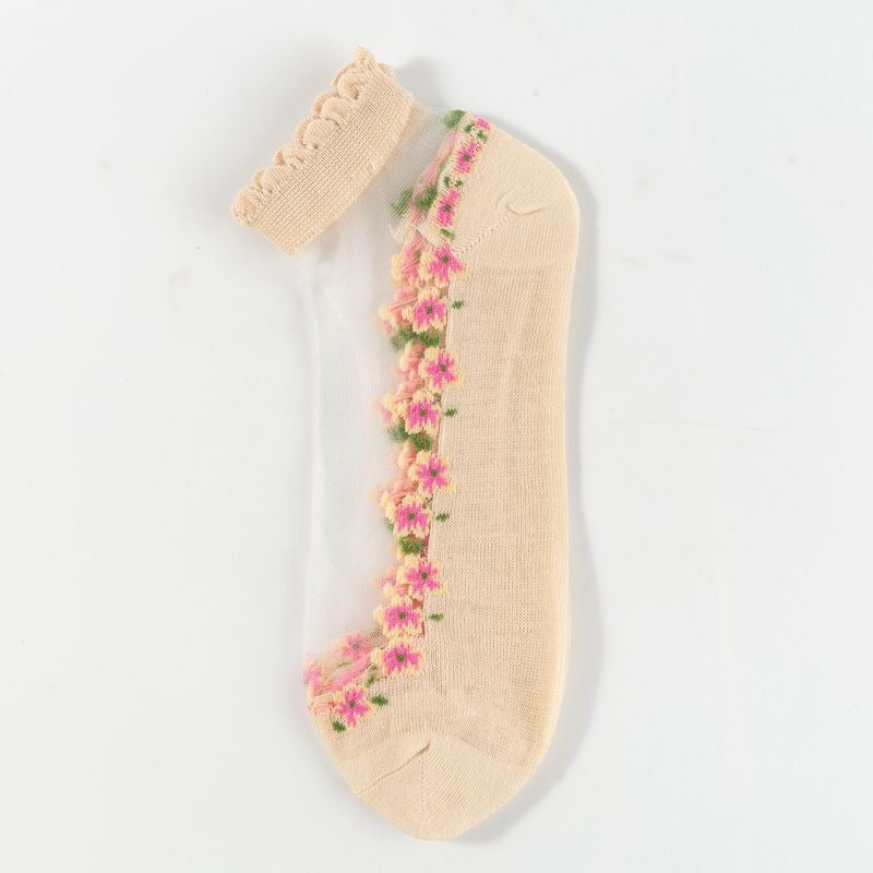 Sheer Mesh Ankle Socks With Floral Trim - Apricot