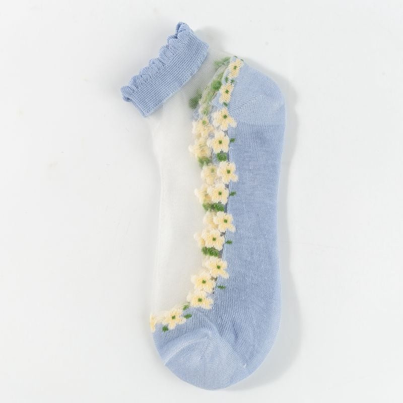 Sheer Mesh Ankle Socks With Floral Trim - Blue - 1