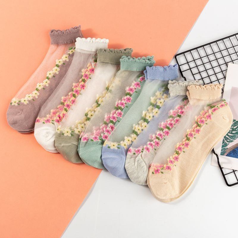 Sheer Mesh Ankle Socks With Floral Trim - Blue - 2