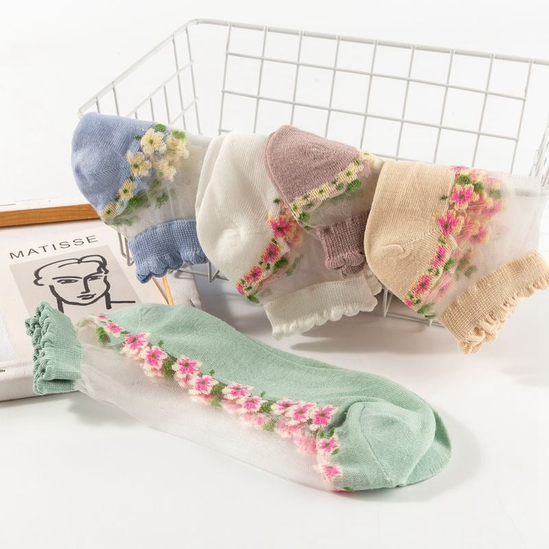 Sheer Mesh Ankle Socks With Floral Trim - Blue - 4