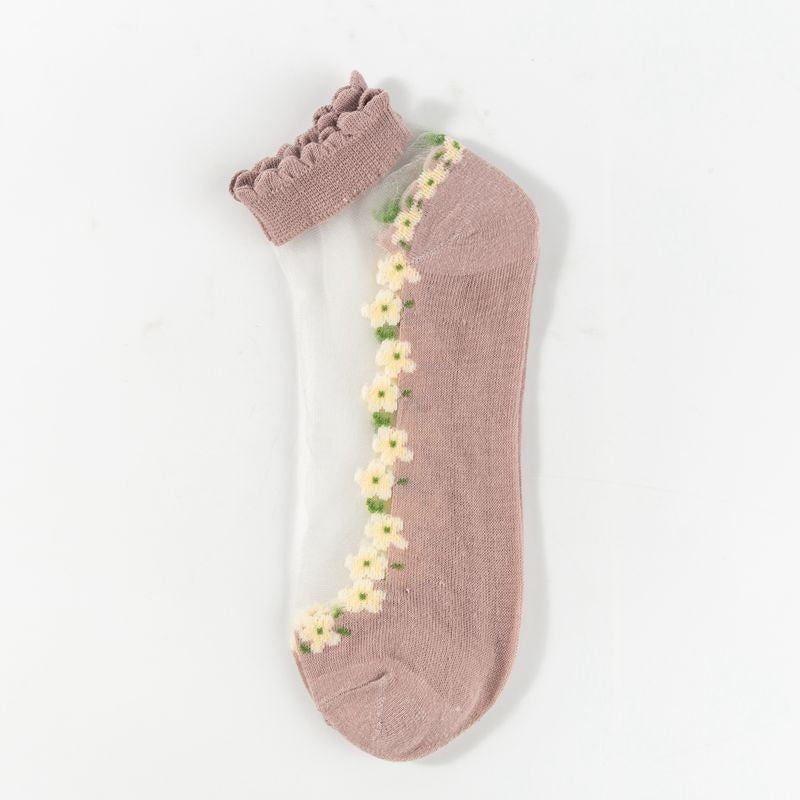 Sheer Mesh Ankle Socks With Floral Trim - Coral