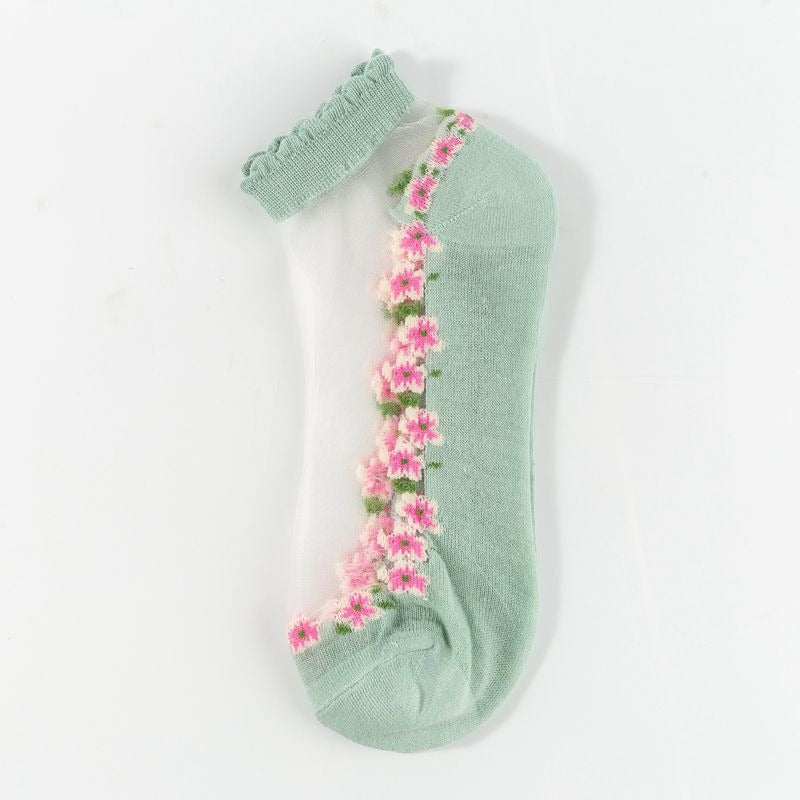 Sheer Mesh Ankle Socks With Floral Trim - Green