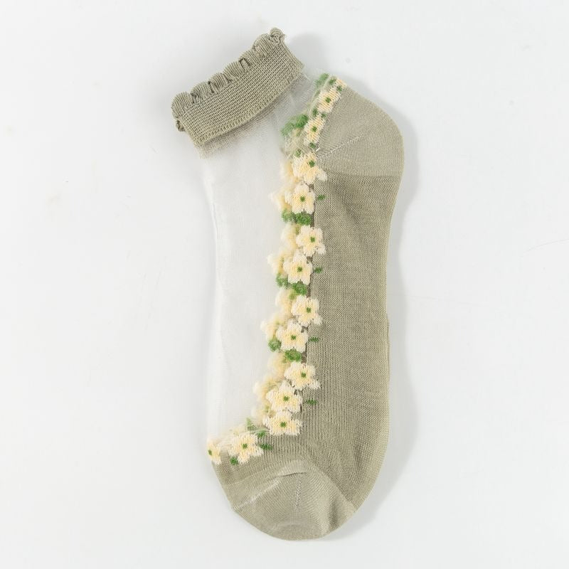 Sheer Mesh Ankle Socks With Floral Trim - Olive