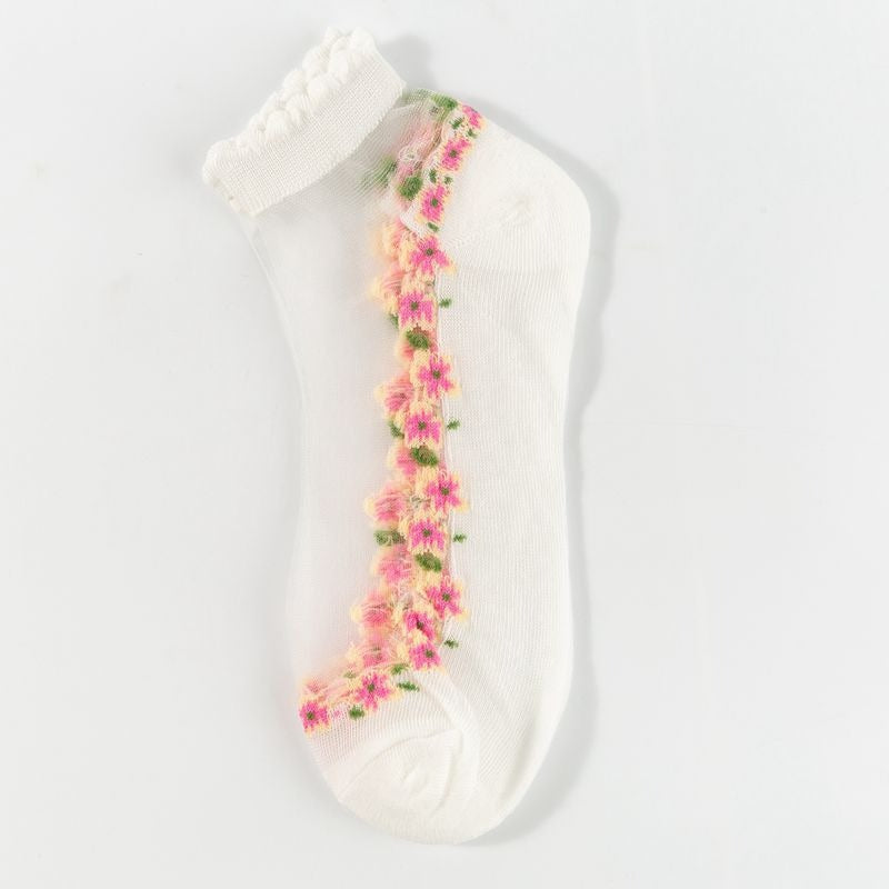 Sheer Mesh Ankle Socks With Floral Trim - White