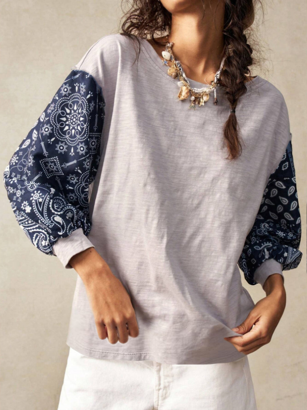 Bandana Print Puff Sleeve Blouse - Navy