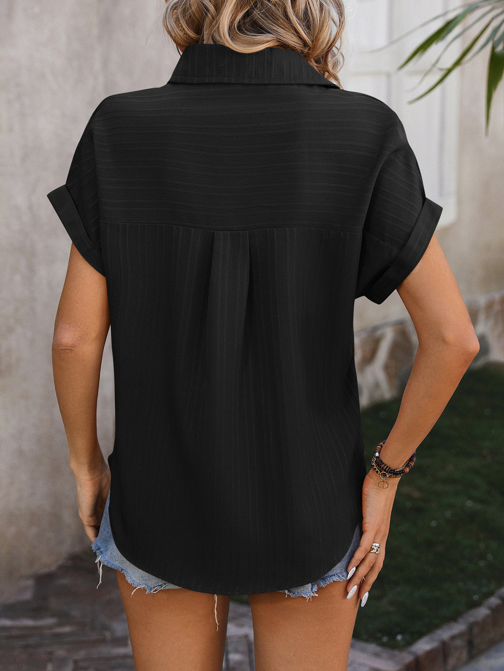 Textured Dolman Sleeve Button Down Shirt - Black - 1