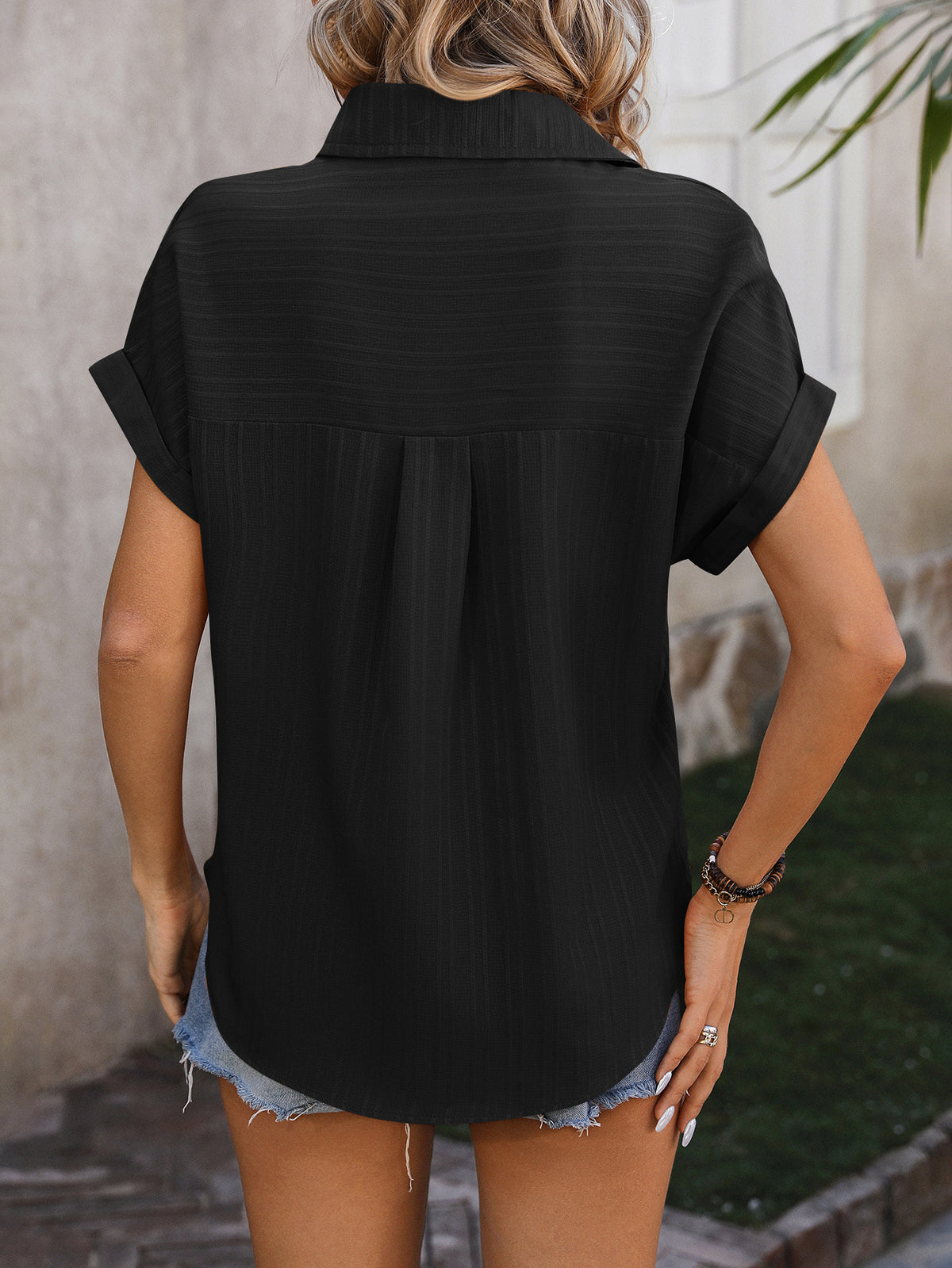 Textured Dolman Sleeve Button Down Shirt - Black - 1