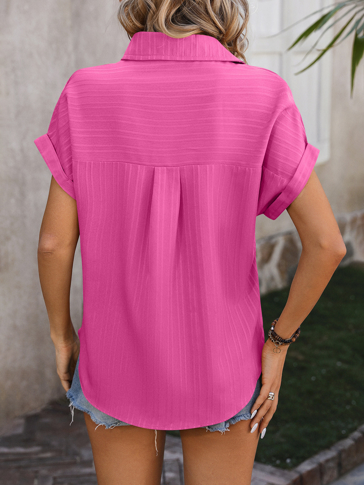 Textured Dolman Sleeve Button Down Shirt - Pink - 2