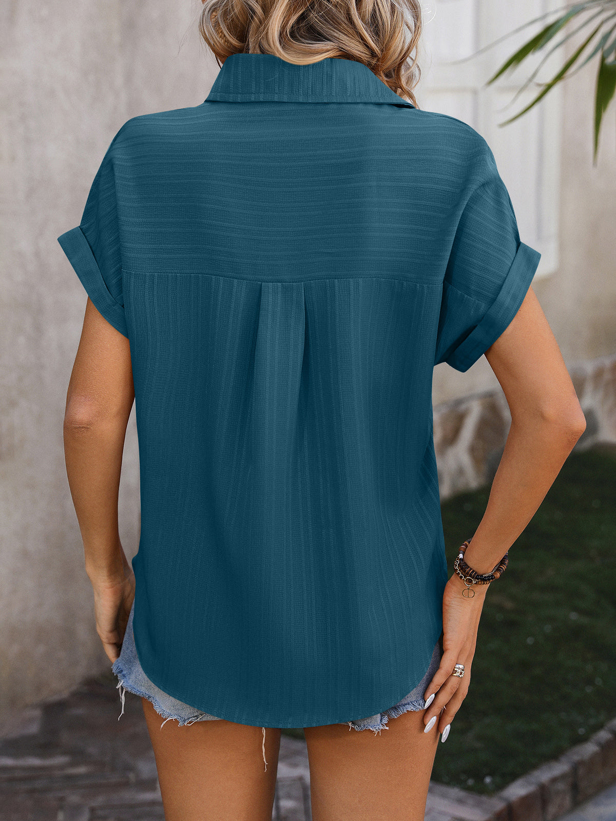 Textured Dolman Sleeve Button Down Shirt - Teal - 1
