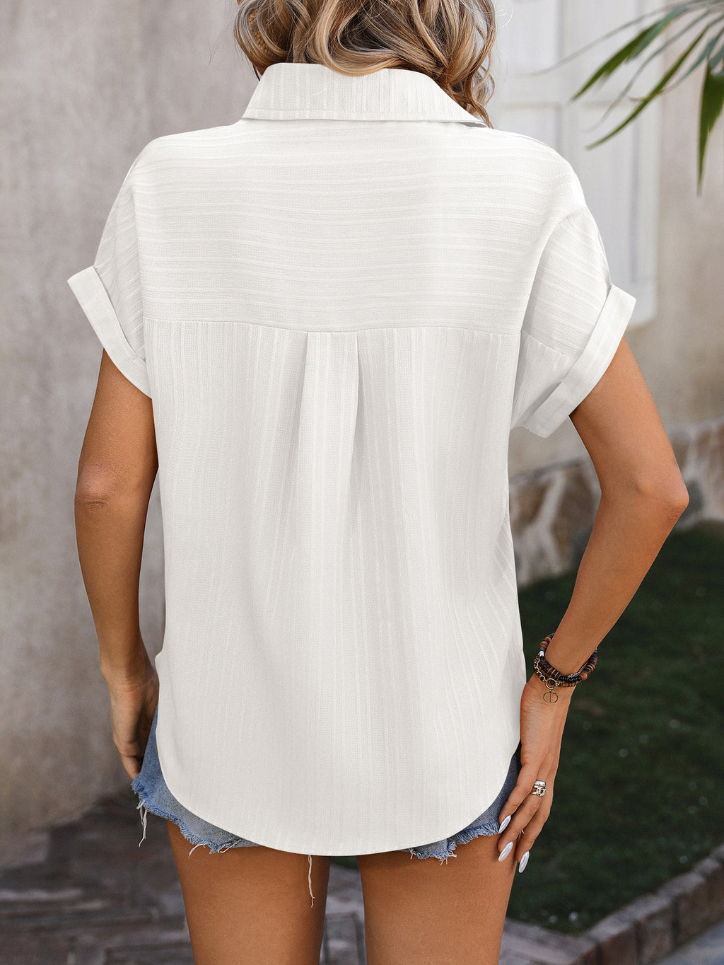 Textured Dolman Sleeve Button Down Shirt - White - 1